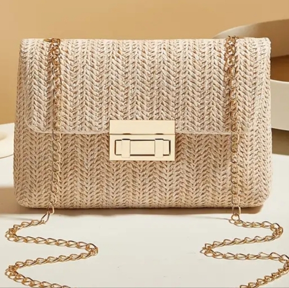 Handbags - Women's Cream Woven Chain Bag with Gold Hardware & Finishings, 5.5×8×2, NWOT
